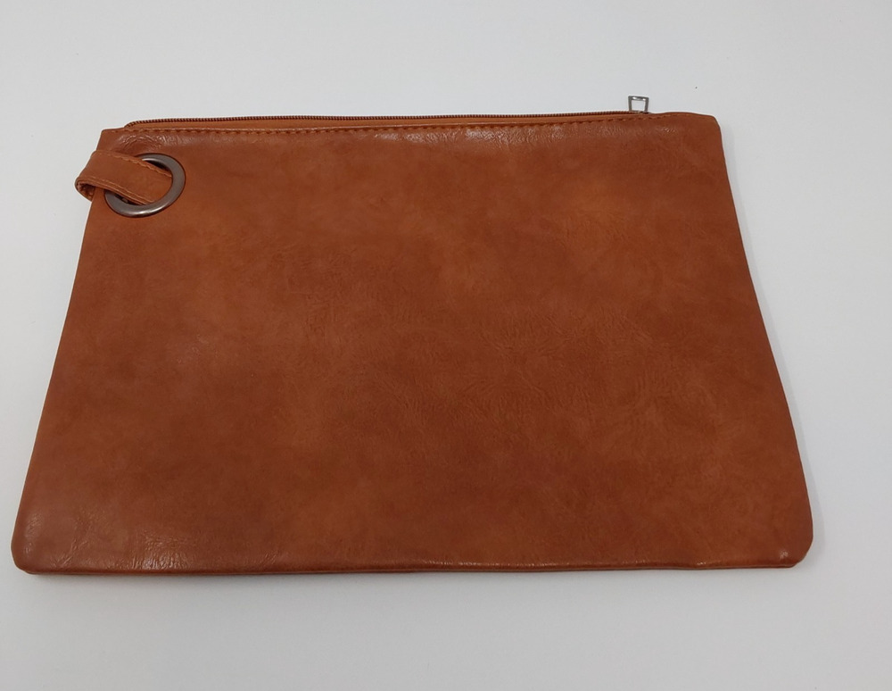 Brown Faux Leather Clutch Pouch Wristlet Zip Bag Minimalist Oversized